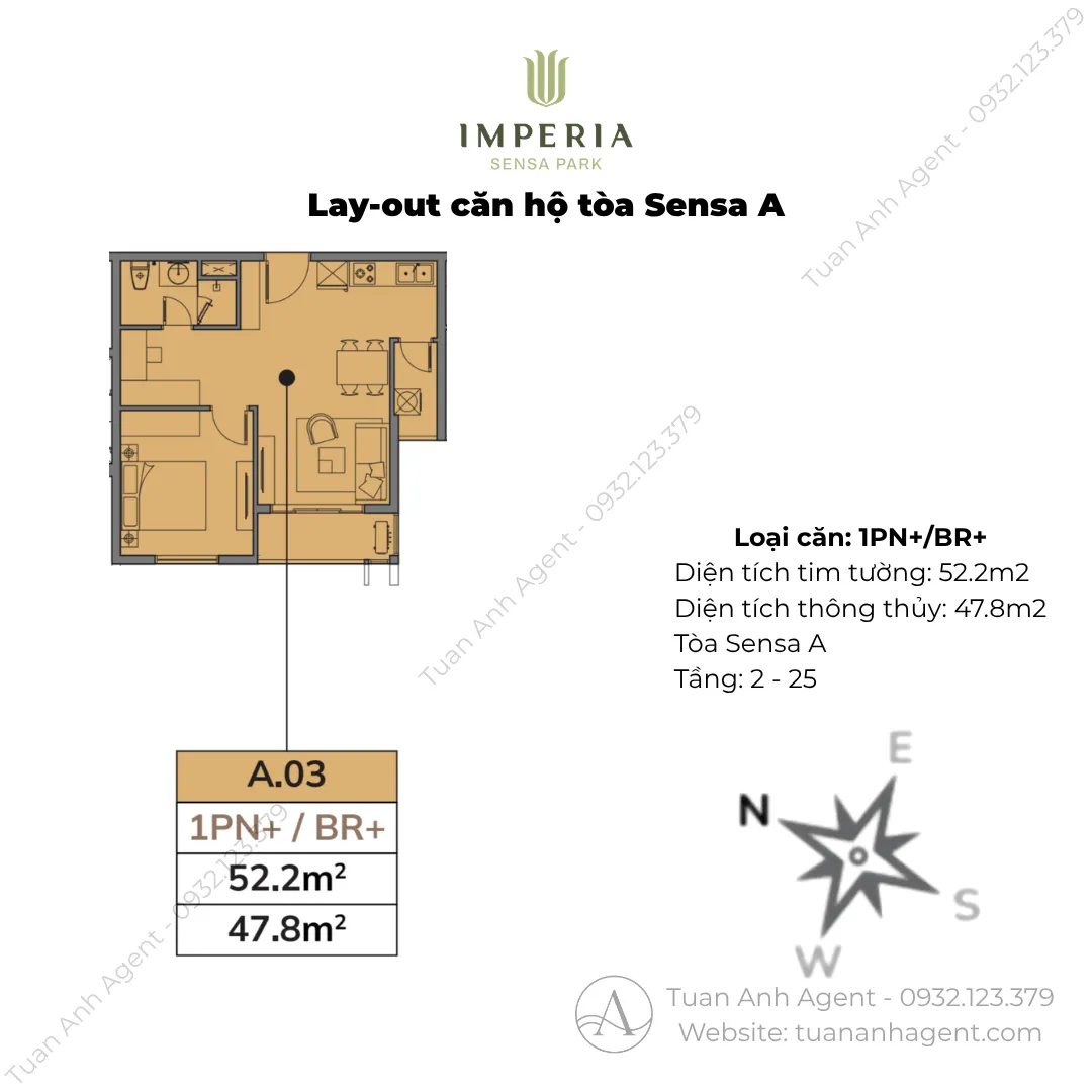 Layout căn 1PN+ 52,2m2 Sensa A Imperia Sensa Park