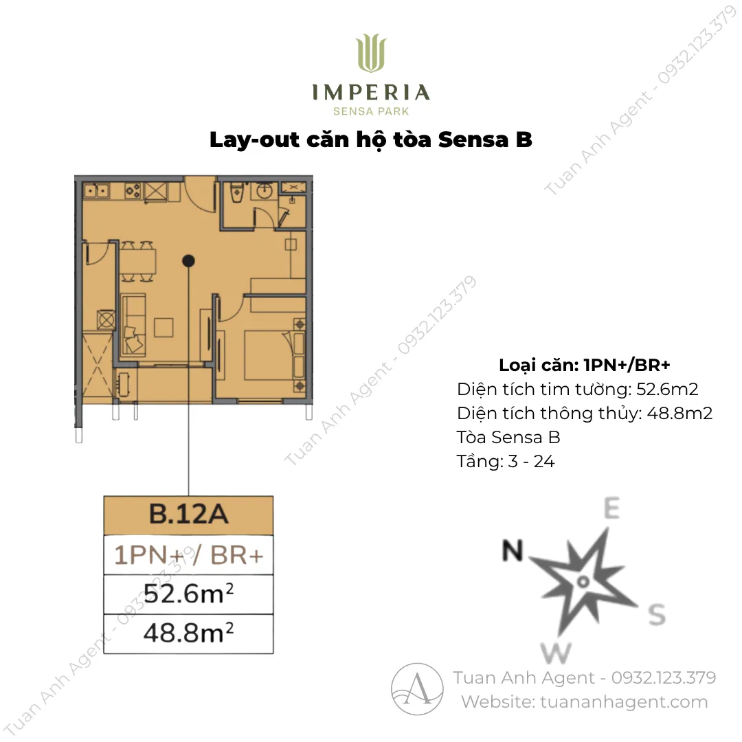 Layout căn 1PN 52,6m2 Sensa B Imperia Sensa Park