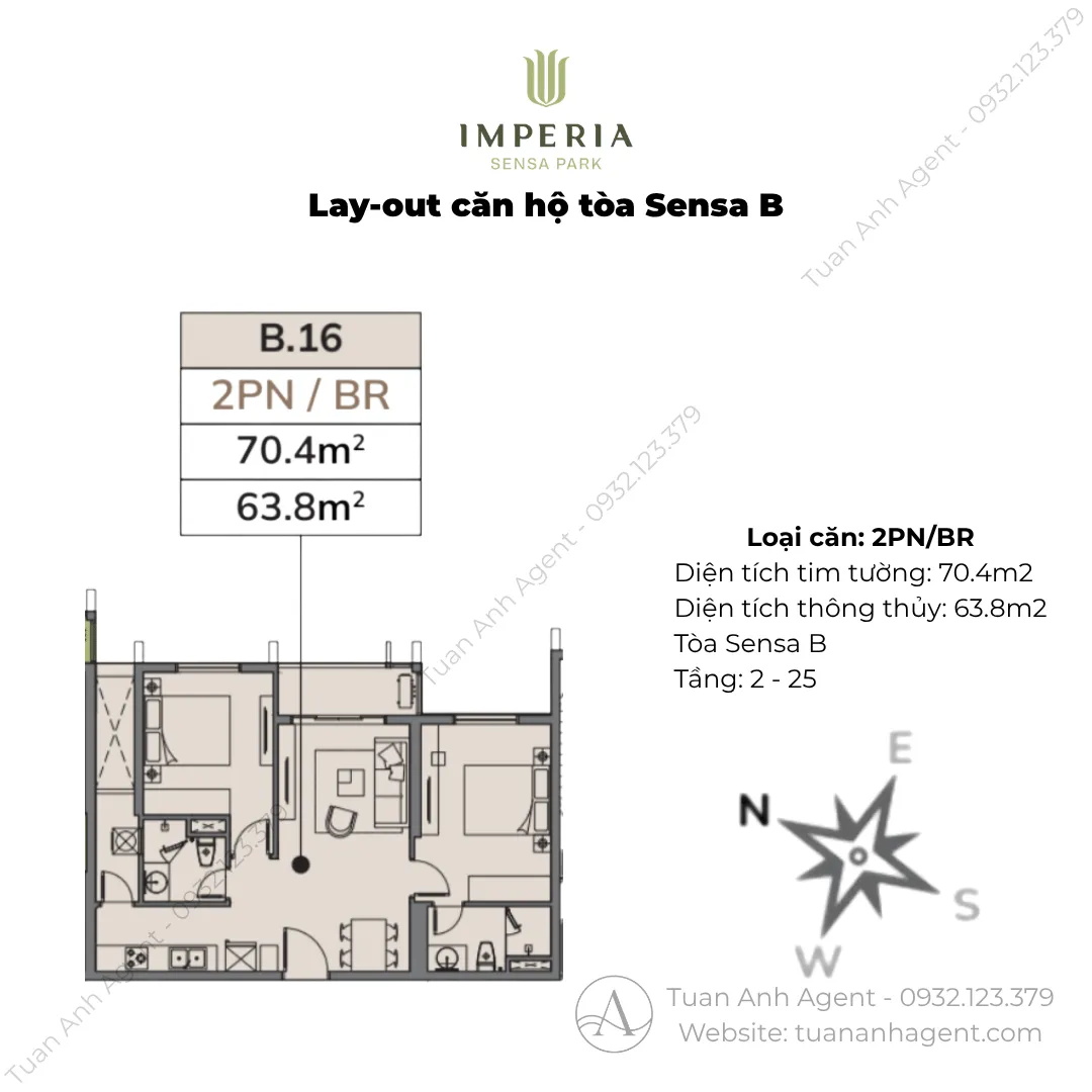 Layout căn 2PN 70,4m2 Sensa B Imperia Sensa Park