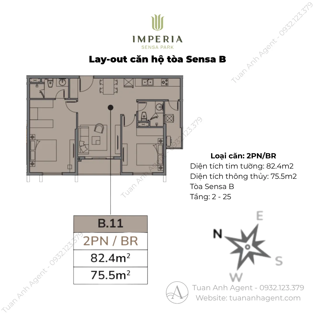 Layout căn 2PN 82,4m2 Sensa B Imperia Sensa Park