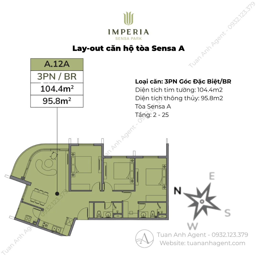 Layout căn 3PN 104,4m2 Sensa A Imperia Sensa Park