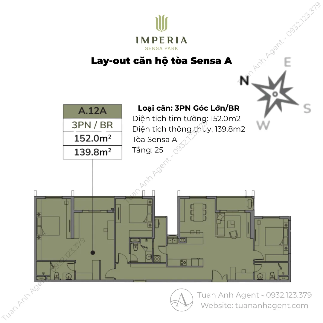 Layout căn 3PN 152m2 Sensa A Imperia Sensa Park