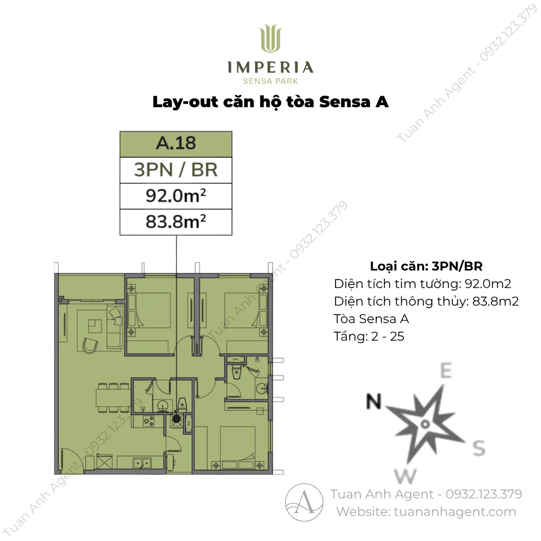 Layout căn 3PN 92m2 Sensa A Imperia Sensa Park