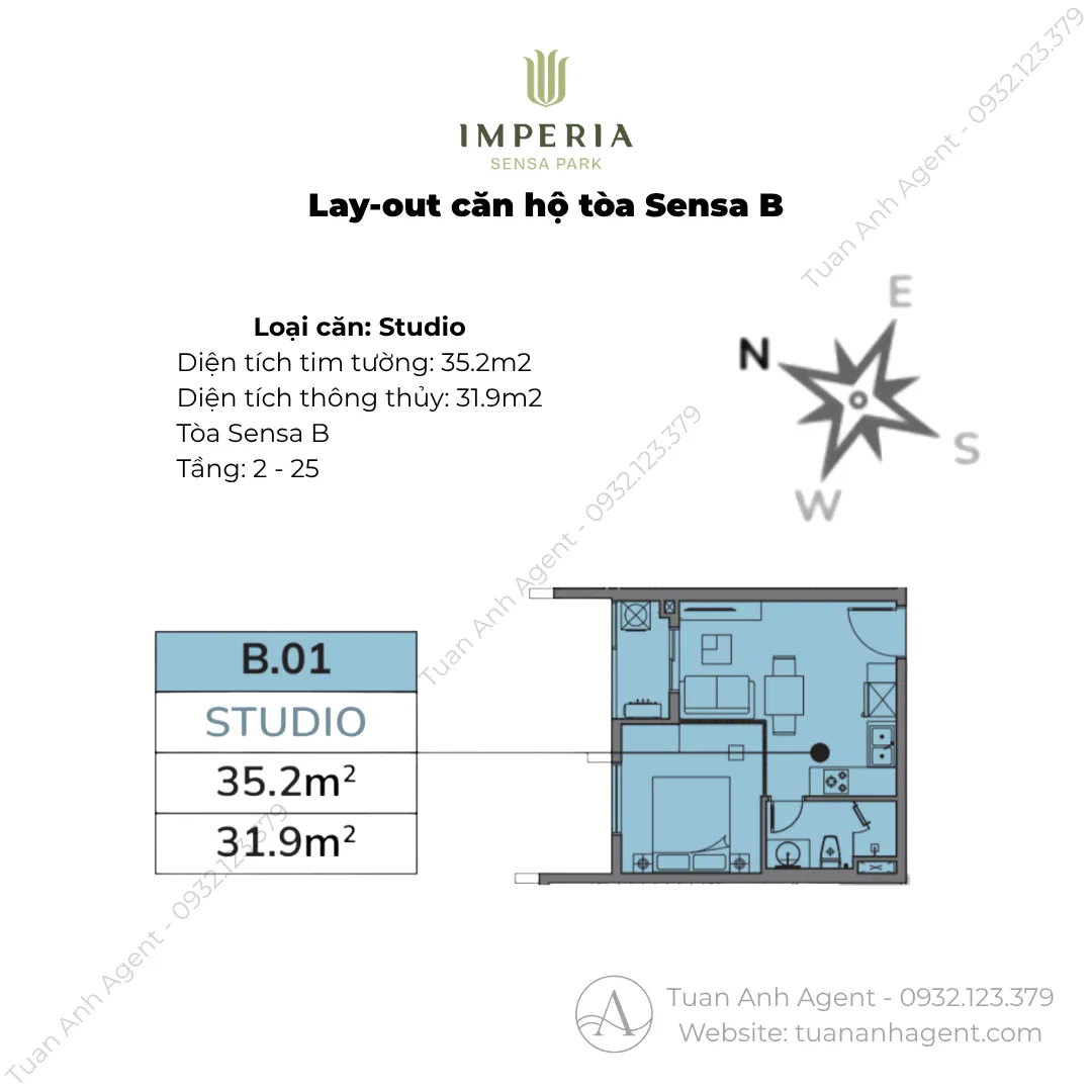Layout căn Studio 35,2m2 Sensa B Imperia Sensa Park