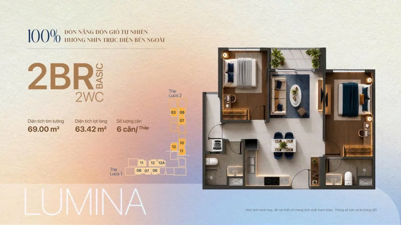 Mặt bằng căn 2PN Basic 69 m2 TT Genesis