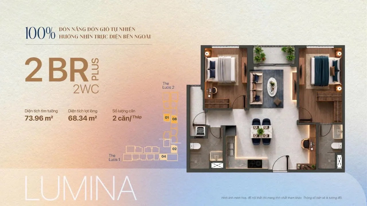 Mặt bằng căn 2PN Plus 73,96 m2 TT Genesis