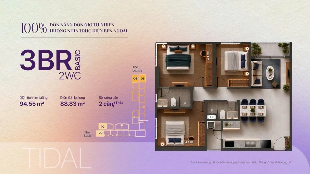 Mặt bằng căn 3PN Basic 94,55 m2 TT Genesis