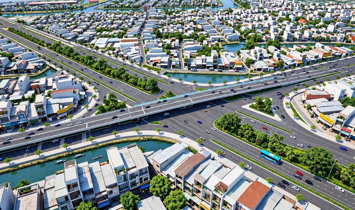Phối cảnh minh họa cầu đường Bình Tiên và nút giao trong khu dân cư