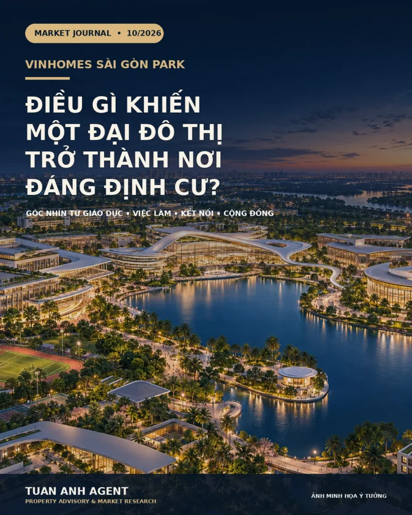 Minh họa bài phân tích Vinhomes Sài Gòn Park: giáo dục, việc làm, kết nối và cộng đồng tạo sức hút định cư.