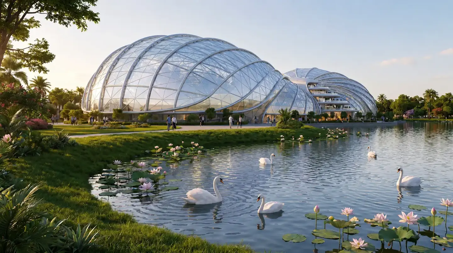 Phối cảnh nhà kính và cảnh quan Botanica Park tại Vinhomes Sài Gòn Park